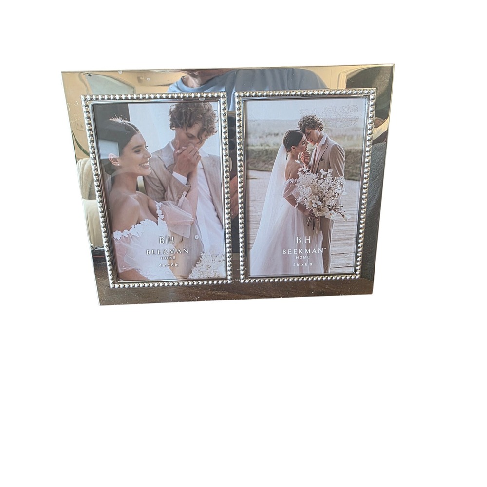 Beekman Home Silver Beaded Double Picture Frame 4x6 Tabletop Photo Display